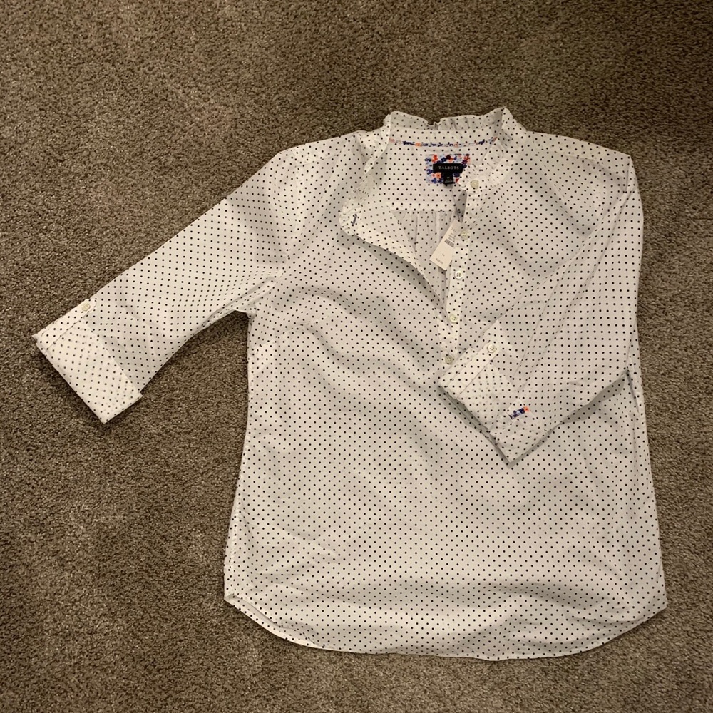 Talbots Polkadot Popover Shirt M Ruffle Neck NWT